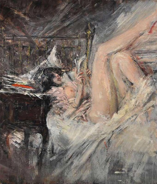 Giovanni Boldini - La lettura a letto, 1914 Olio su tela, 73 x 92 cm Collezione privata