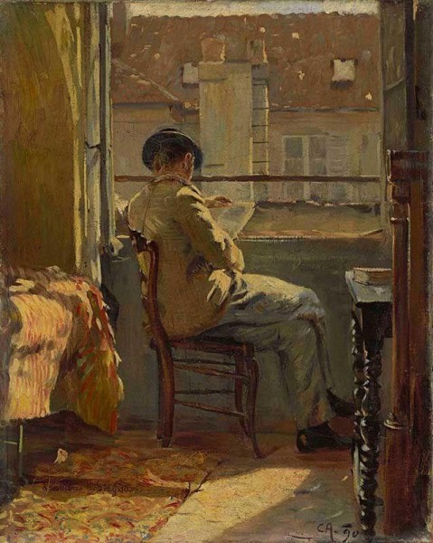 “Giovanni Giacometti legge alla finestra – Parigi  (Giovanni Giacometti am Fenster lesend – Paris)” 1890, olio su tela, 41 x 32.5 cm Collezione privata